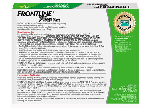 FRONTLINE PLUS FOR CATS FLEA & TICK CONTROL TREATMENT 3 DOSES-2