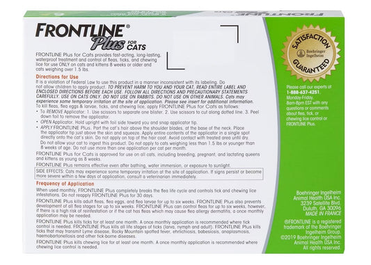 FRONTLINE PLUS FOR CATS FLEA & TICK CONTROL TREATMENT 6 DOSES-2