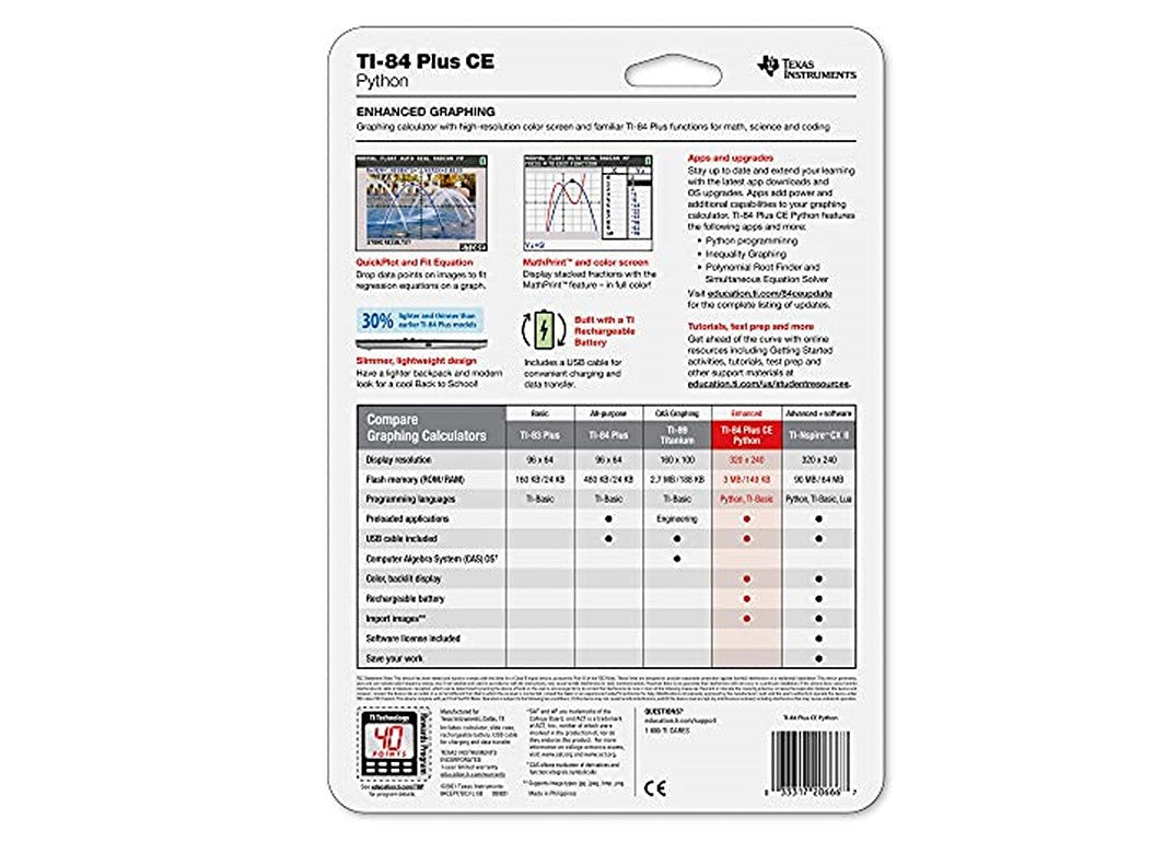 Texas Instruments TI-84 Plus Ce Python Graphing Calculator Black