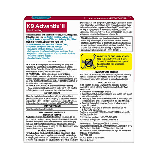 K9 Advantix II Medium Dog 11–20 lbs – Flea & Tick Treatment 2 Doses-2