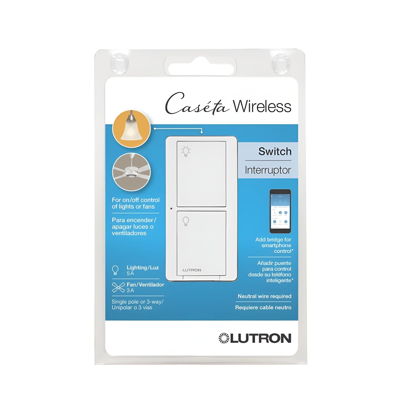 Lutron Caseta Wireless Switch PD-5ANS-WH-R Smart Light & Fan Control