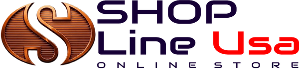 A digital logo for 'Shop Line Usa Online Store' featuring a stylized copper and white 'S' emblem on the left, with 'SHOP Line Usa' in dark purple and red text, and 'ONLINE STORE' in white below, all on a black background.